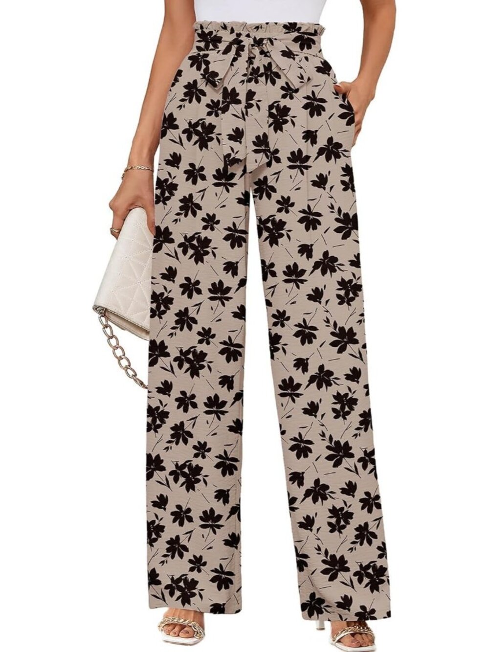 Women's Ink Dot Flowers Wide Leg Pant High Waisted Tie Knot Loose Comfy Casual